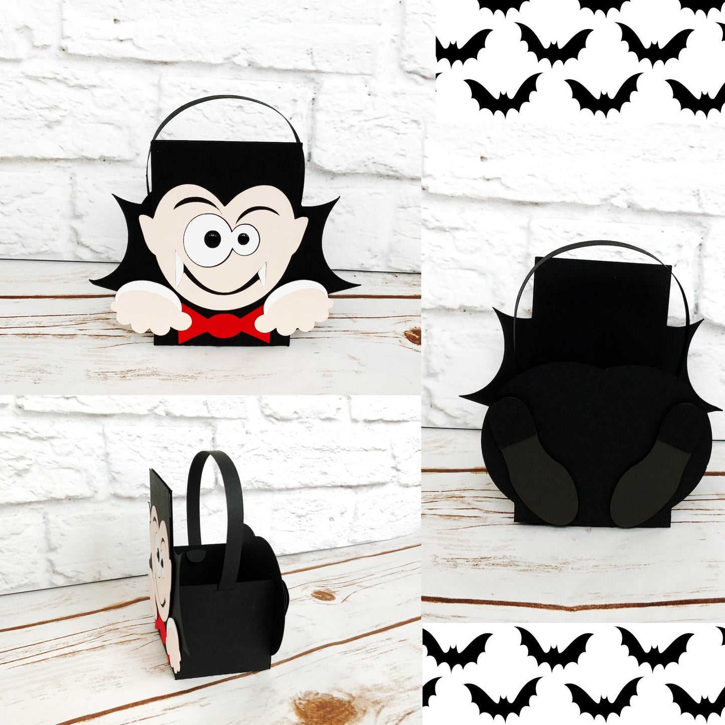 vampire halloween party box. the vampire box is black but has the face of a vampire wearing a red bow tie on the front with his hands at the bottom. his cute dress shoes are displayed on the back of the box.