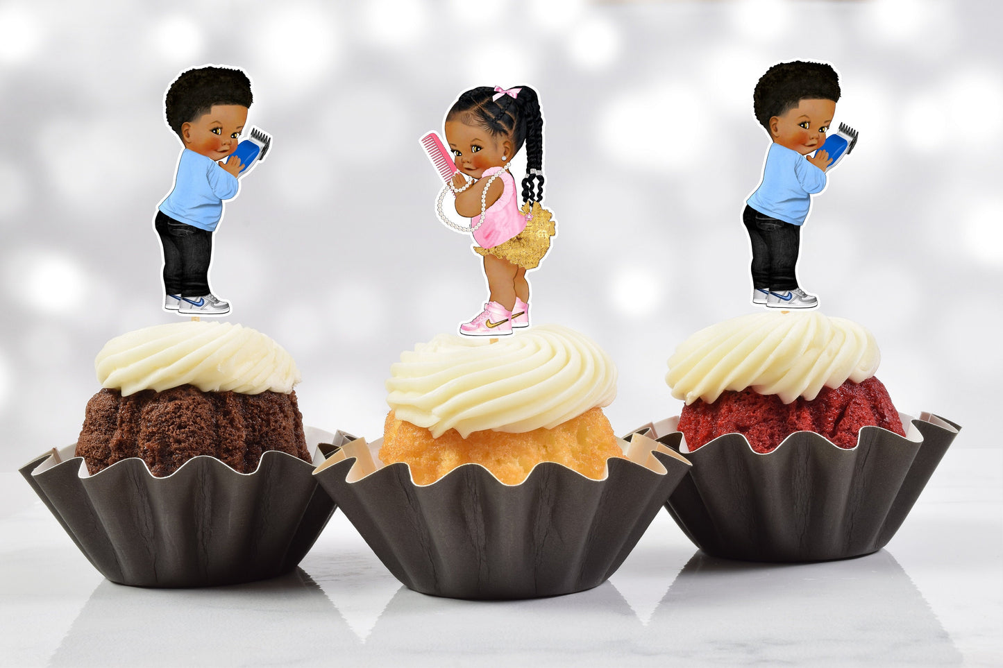 fades or braids cupcake toppers: gender reveal, twin baby shower (set of 12)