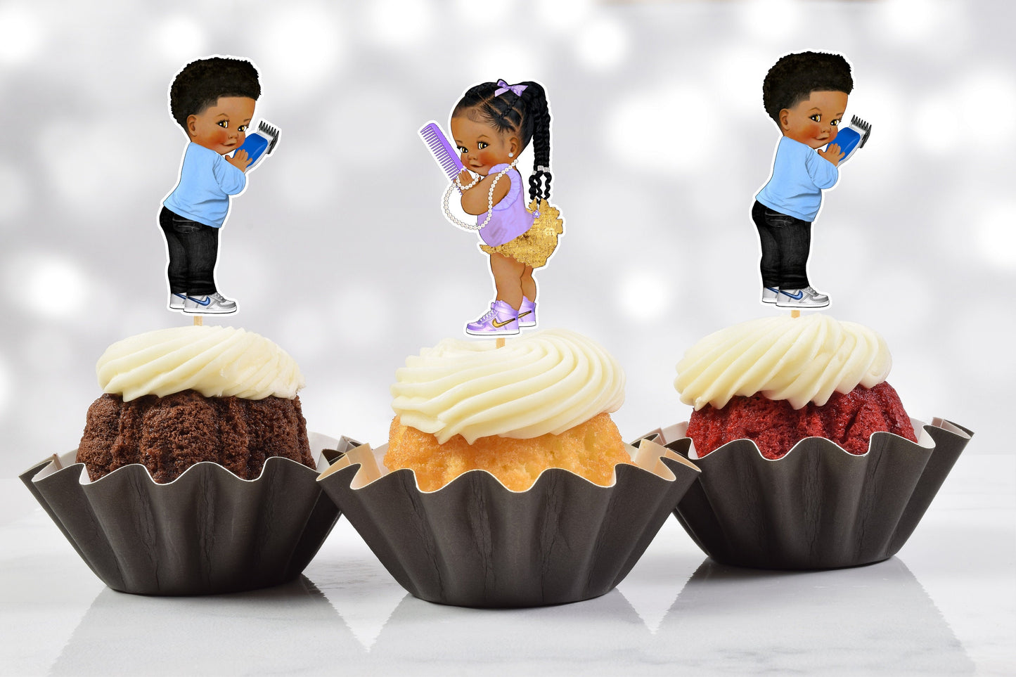 fades or braids gender reveal cupcake toppers: twin baby shower (set of 12)