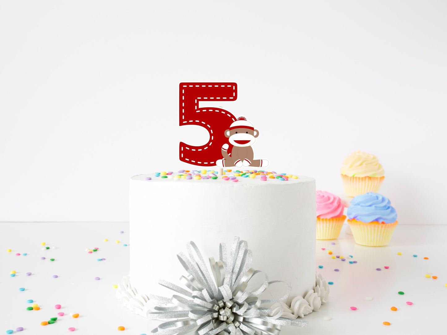 sock monkey 5th birthday cake topper: monkey party decor