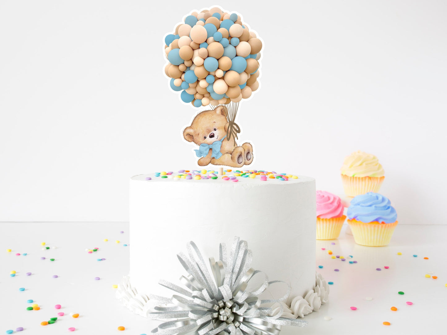 blue & tan bear cake topper: baby shower birthday party decor