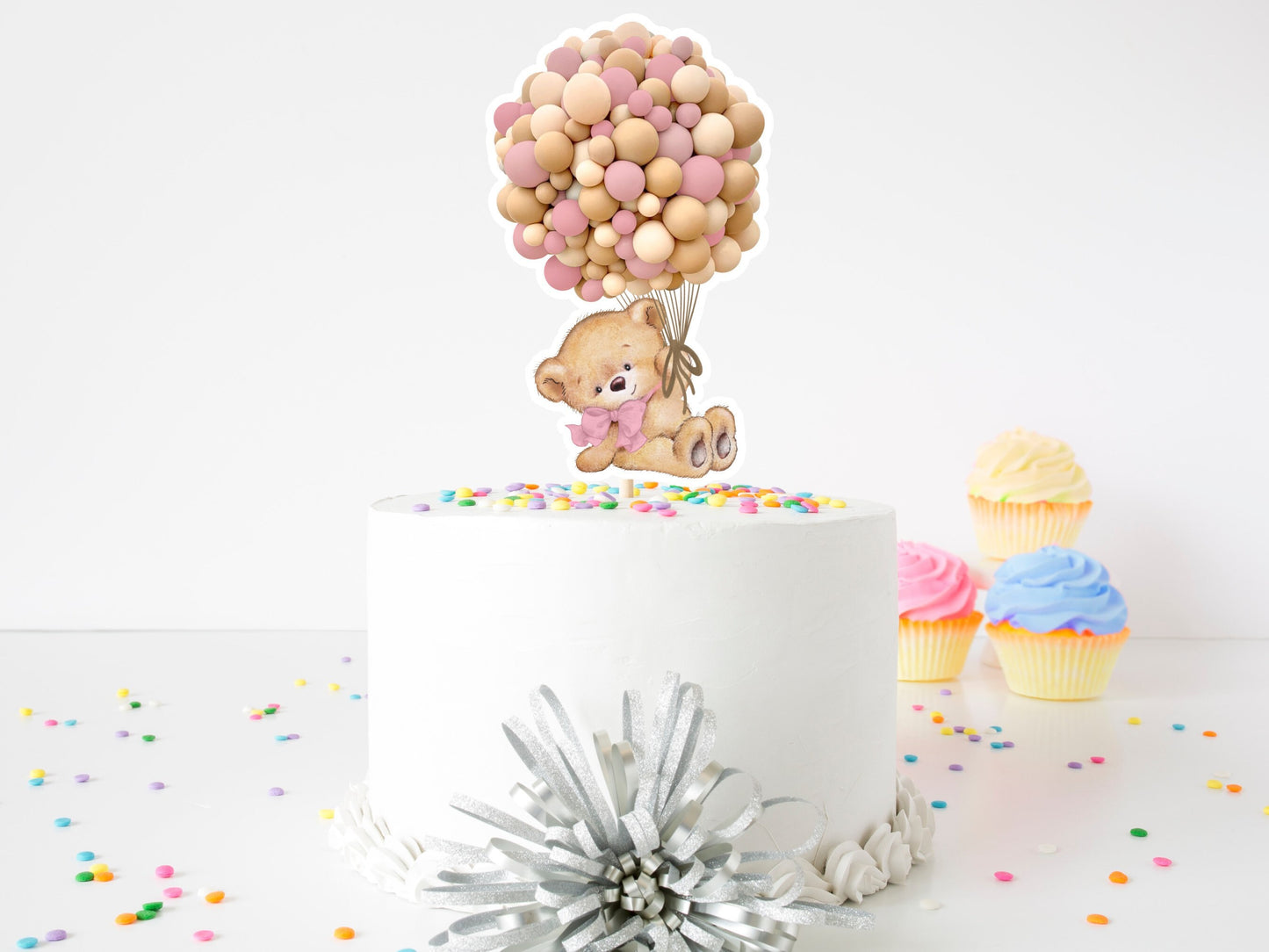 bear baby shower cake topper: pink & tan balloon theme