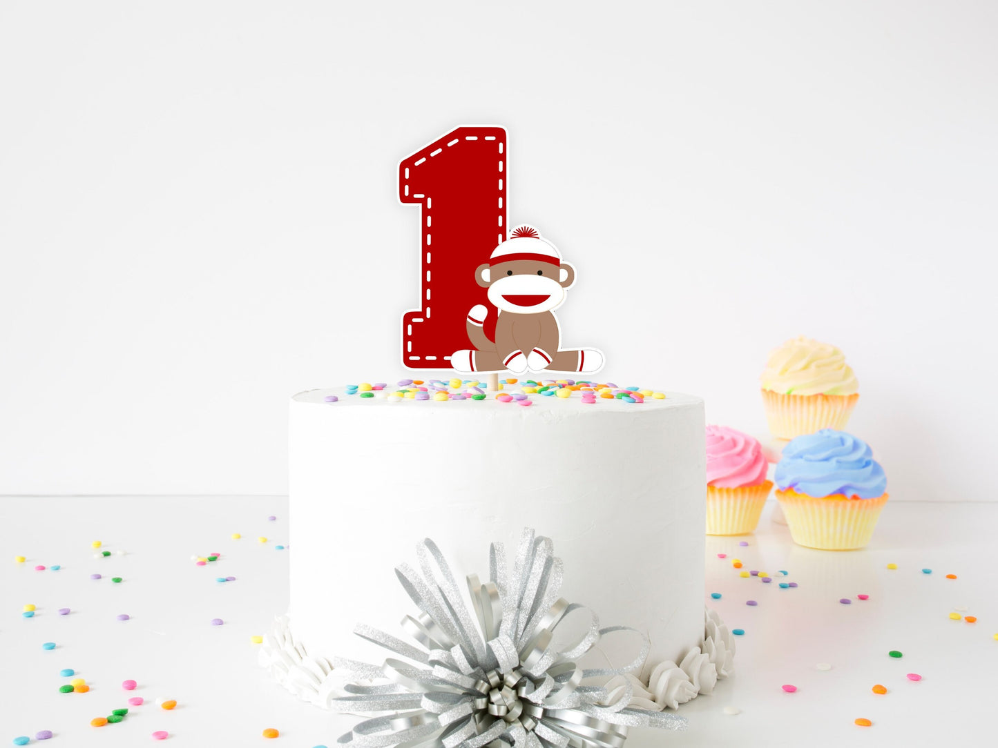 sock monkey 1st birthday cake topper: monkey theme party