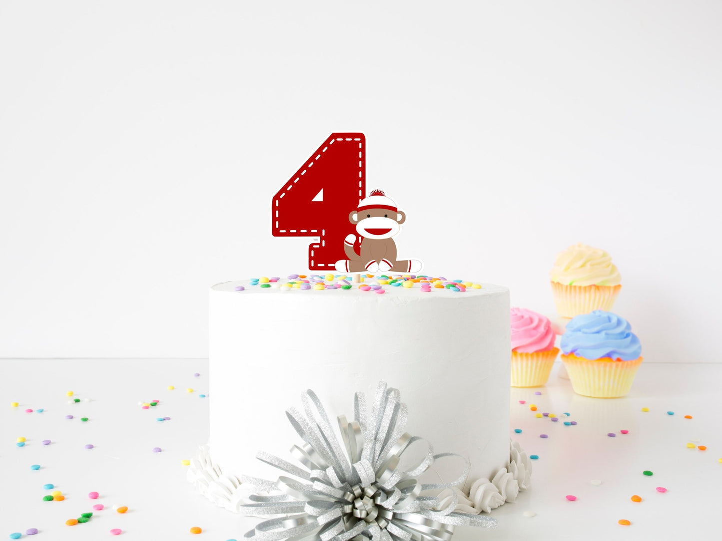 sock monkey 4th birthday cake topper: monkey theme party