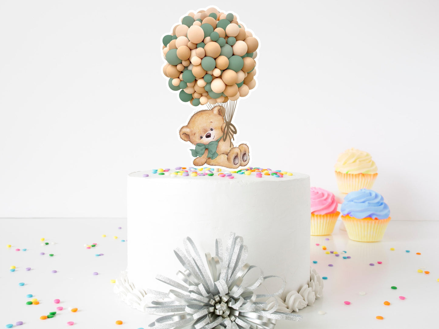 bear baby shower cake topper: green & tan balloon theme