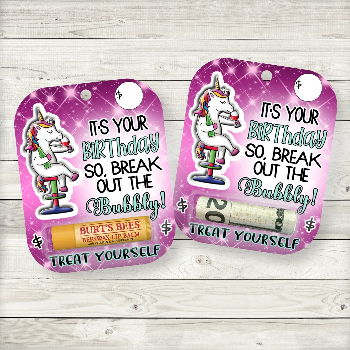 unicorn birthday money card: lip balm holder party favor