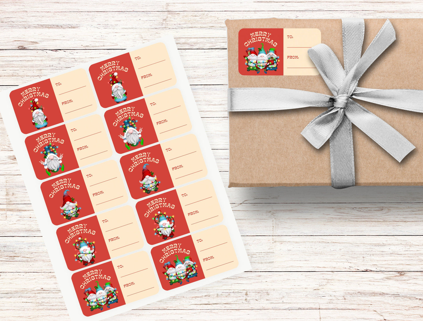 christmas gnome gift tag stickers: 3" x 1.7" (sheet of 10)