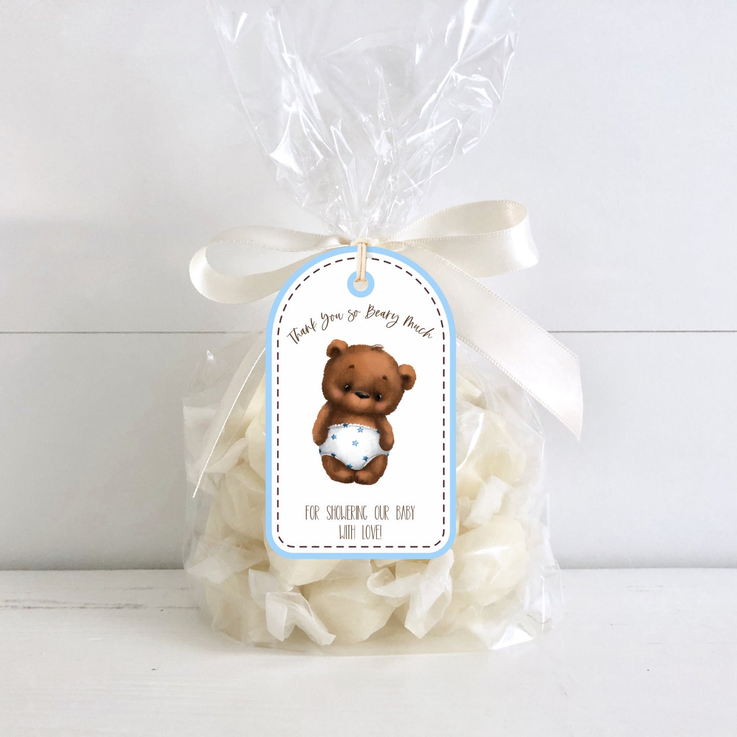 thank you beary much baby shower favor tags, teddy bear themed hang tags, pink and brown baby shower favor tags, set of 6 db01