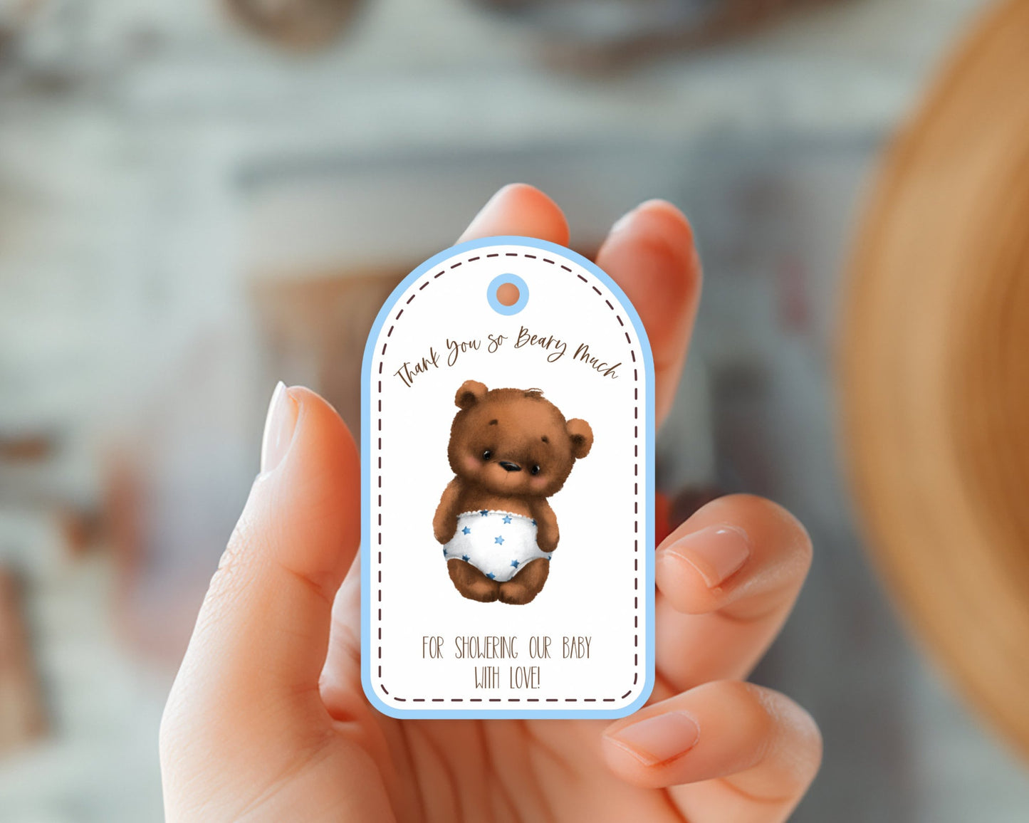 thank you beary much baby shower favor tags, teddy bear themed hang tags, pink and brown baby shower favor tags, set of 6 db01