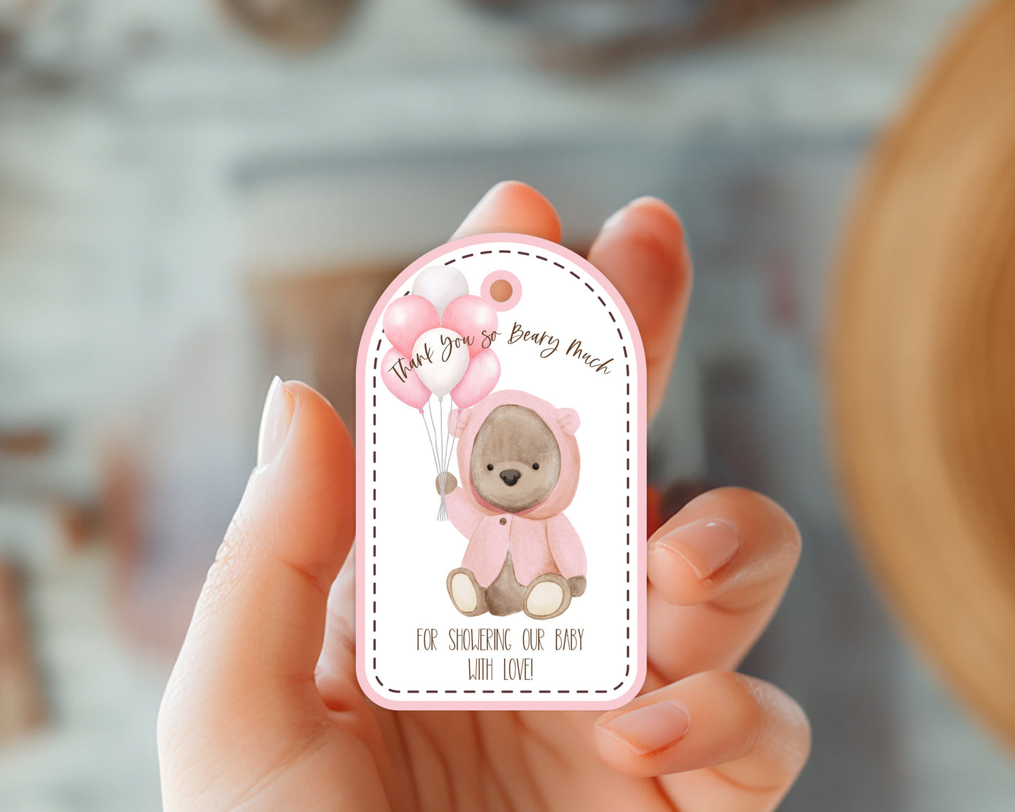 thank you beary much baby shower favor tags, teddy bear themed hang tags, pink and brown baby shower favor tags, set of 6 phb01