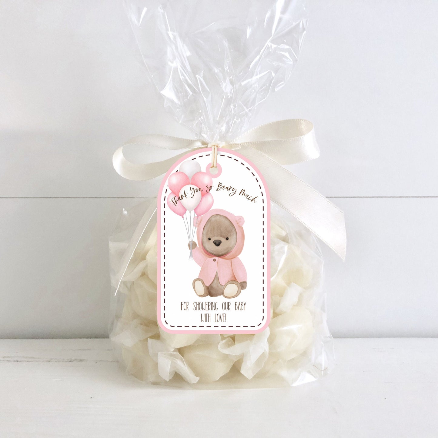 thank you beary much baby shower favor tags, teddy bear themed hang tags, pink and brown baby shower favor tags, set of 6 phb01