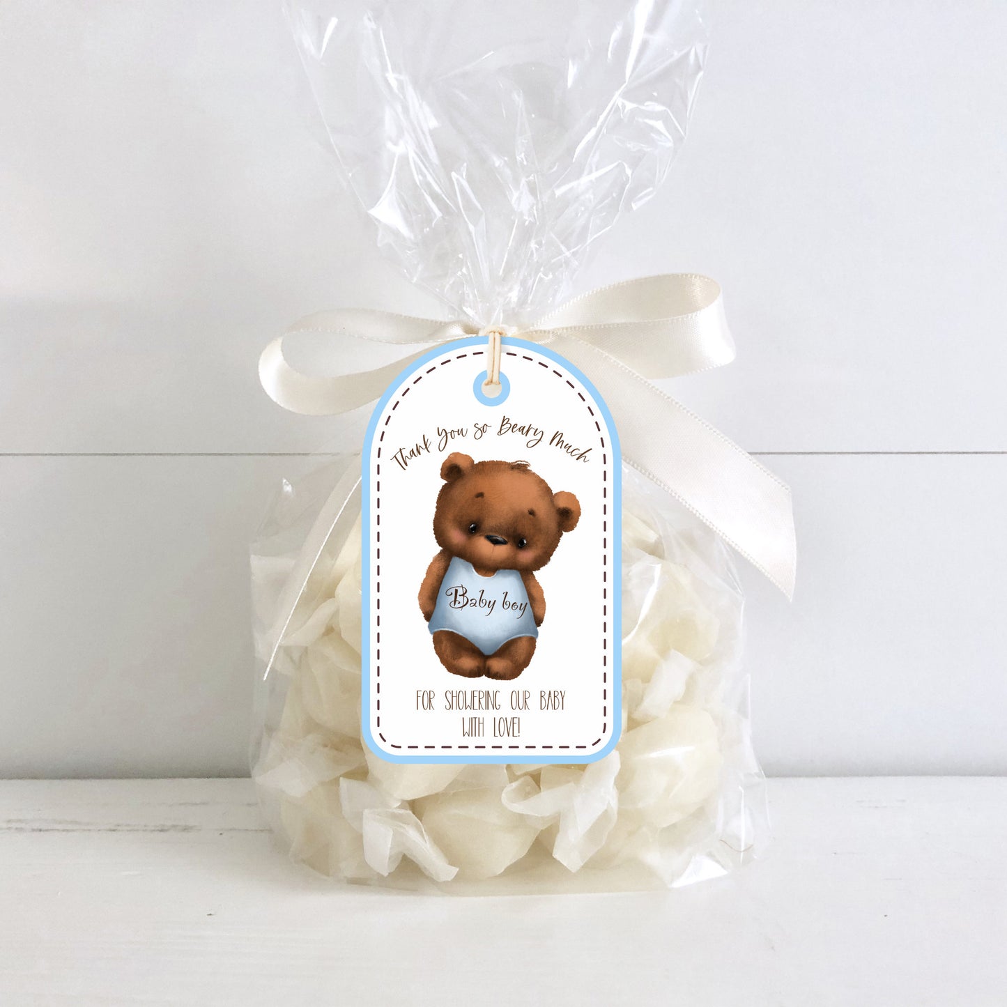 thank you beary much baby shower favor tags, teddy bear themed hang tags, pink and brown baby shower favor tags, set of 6 bo01