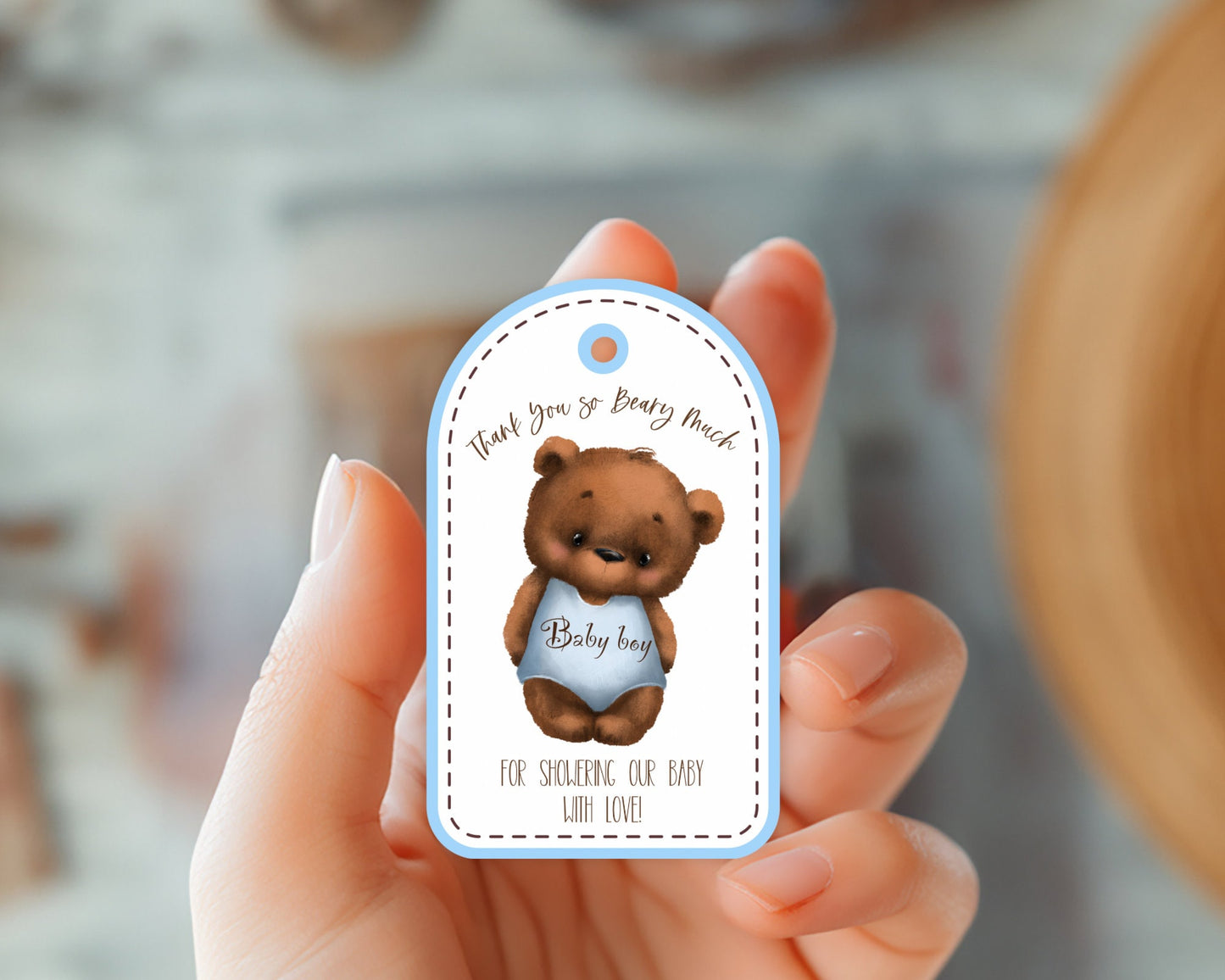thank you beary much baby shower favor tags, teddy bear themed hang tags, pink and brown baby shower favor tags, set of 6 bo01