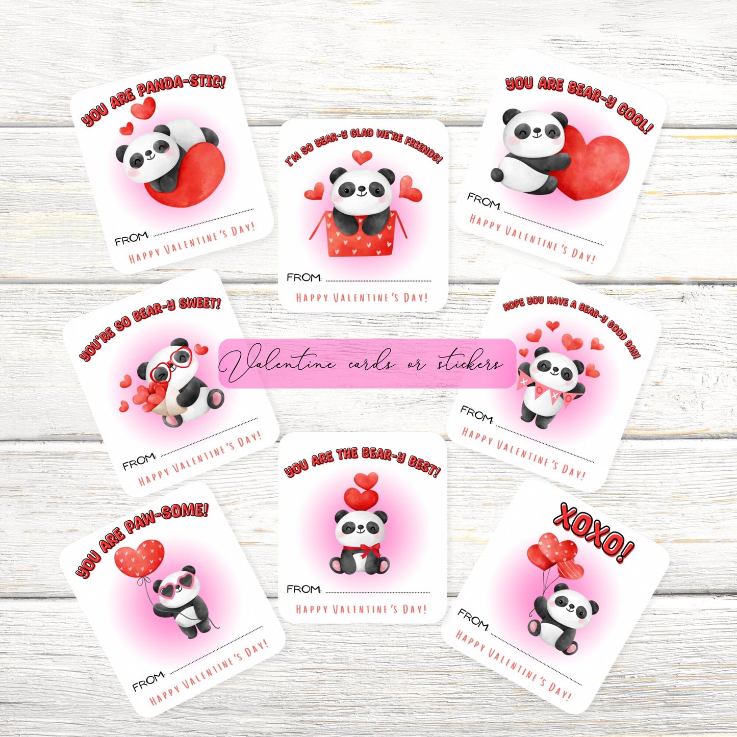 panda valentine's day cards or stickers: kids classroom set of 8