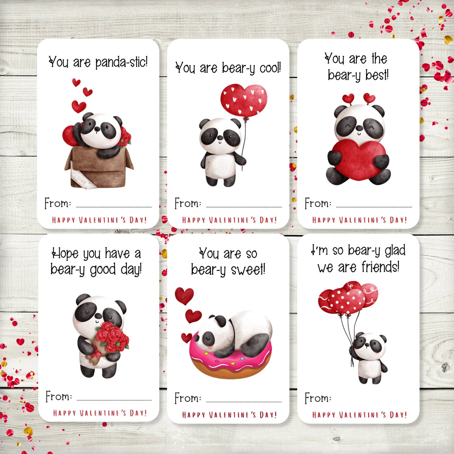 panda valentine's day cards or stickers: kids classroom set