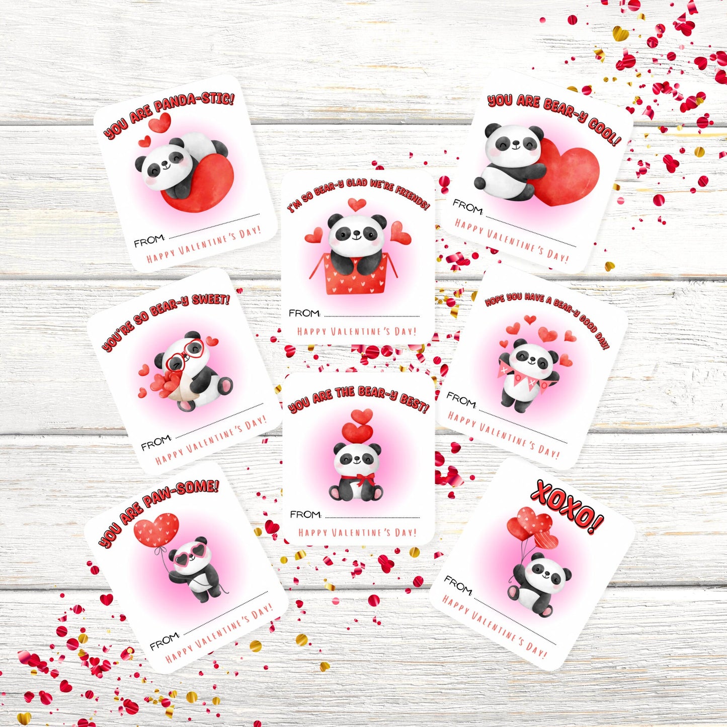 panda valentine’s day kids party cards or stickers, valentine’s day classroom cards, valentine’s day tags, set of 8 (3 x 2.64”)