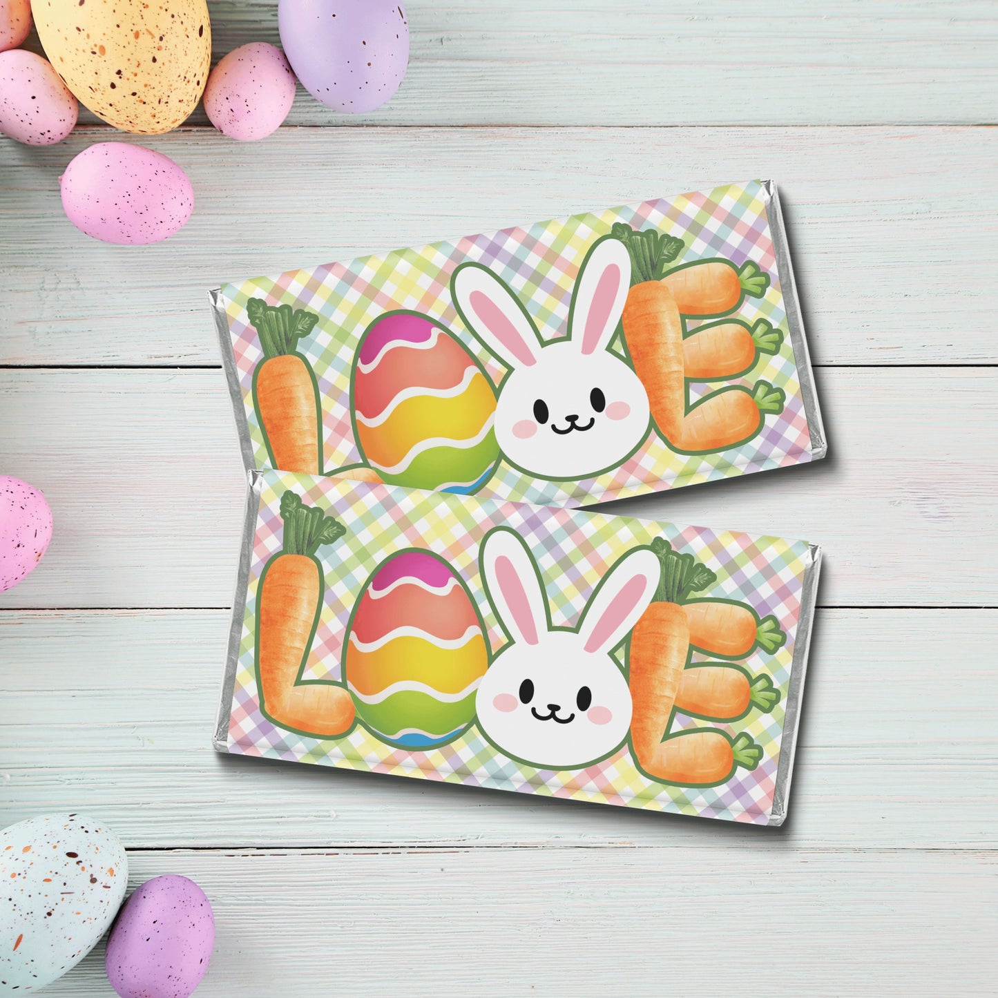 easter chocolate bar wrappers: plaid bunny 'love' design