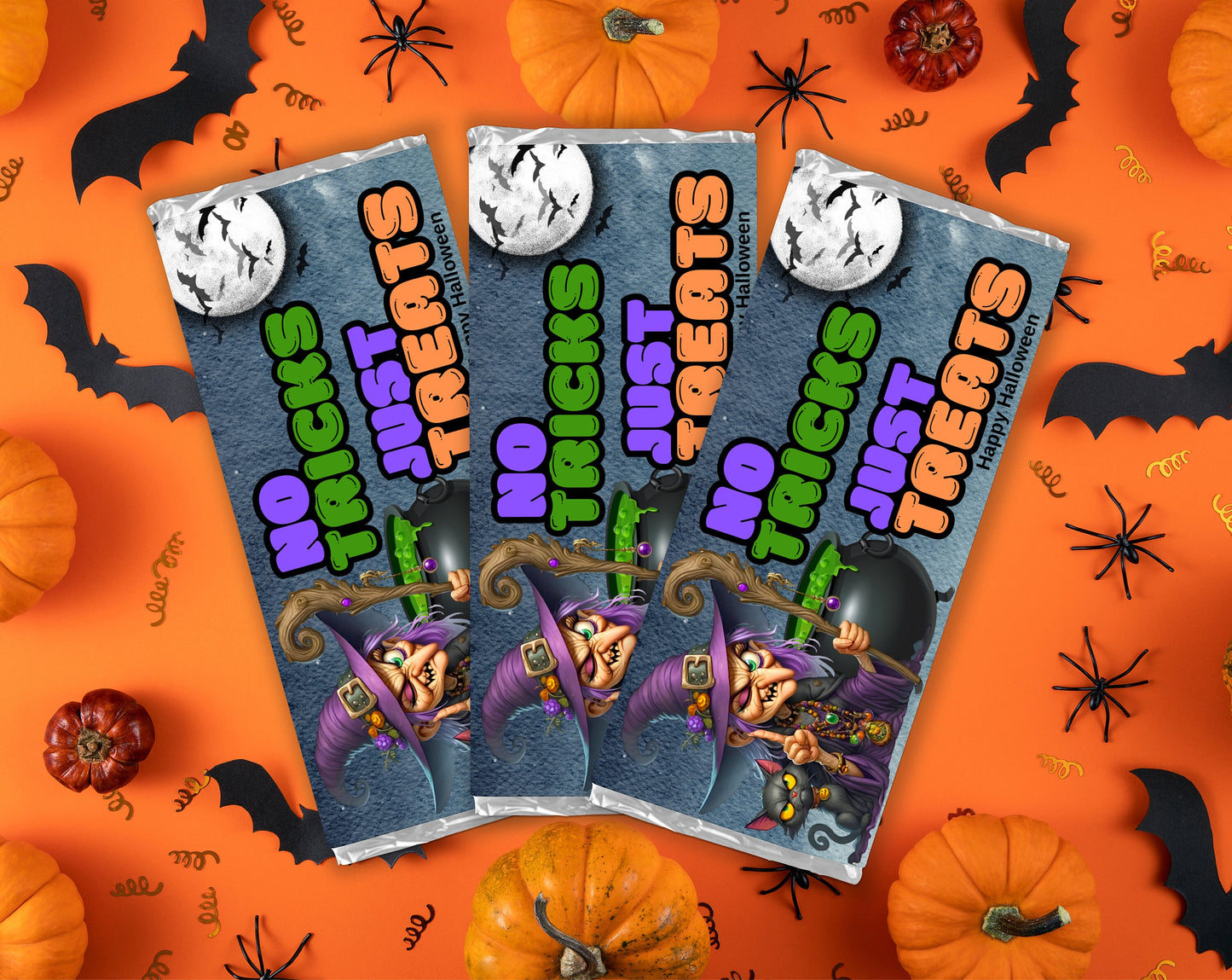 halloween chocolate bar wrappers: witch, cat, cauldron design