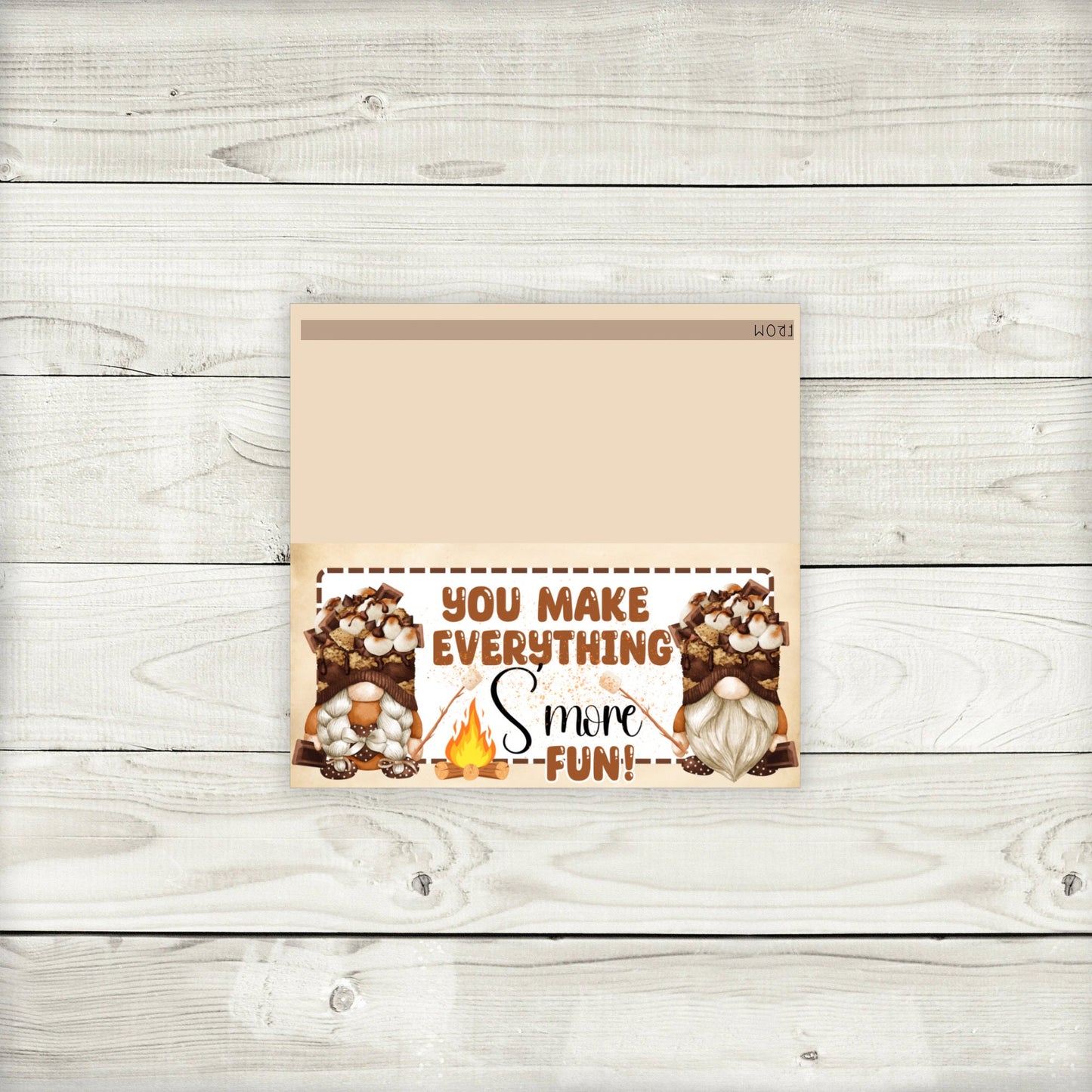 s'mores party bag toppers: gnome campfire design (4.15” x 2”)