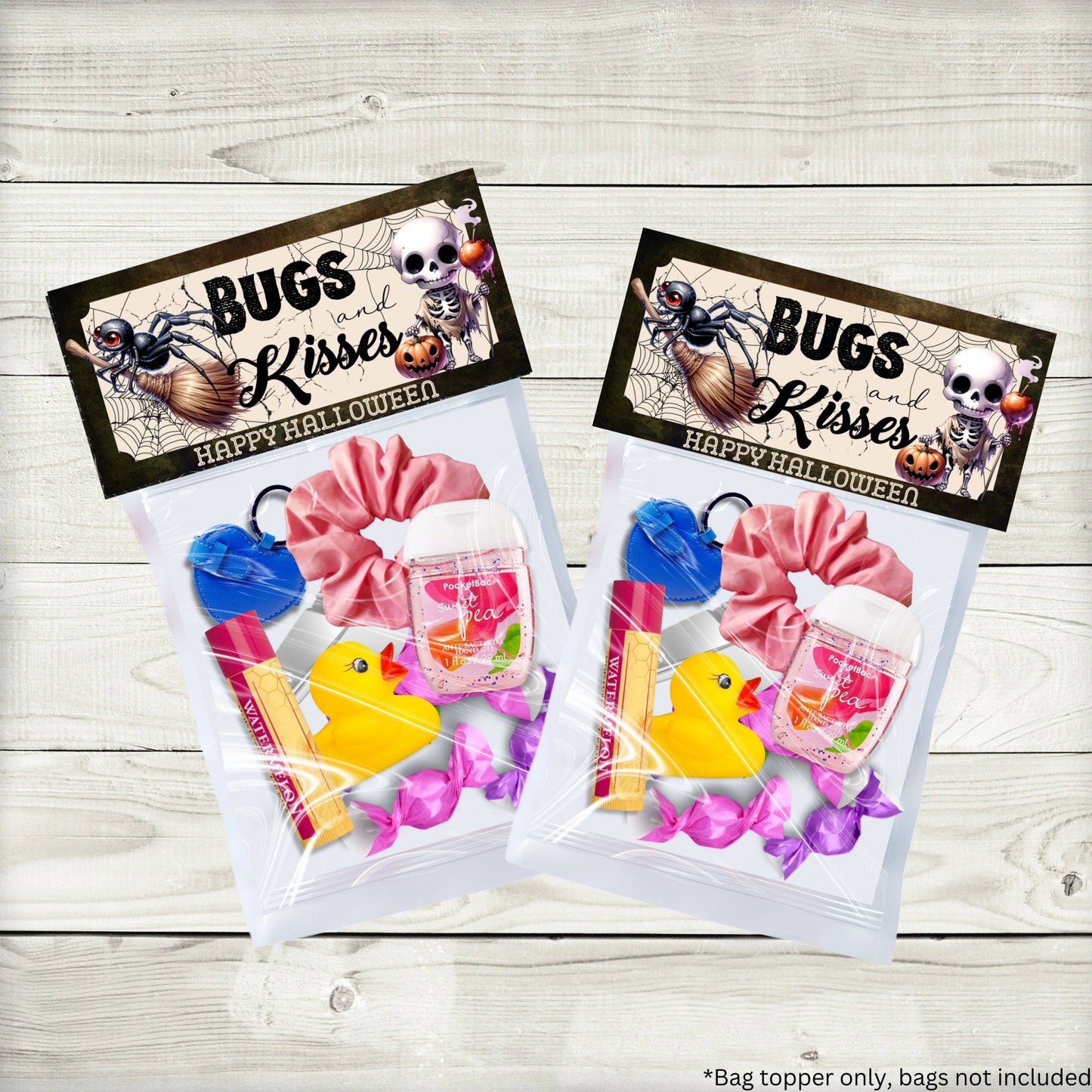 halloween treat bag toppers: bugs and kisses party favors (4.15” x 2”)