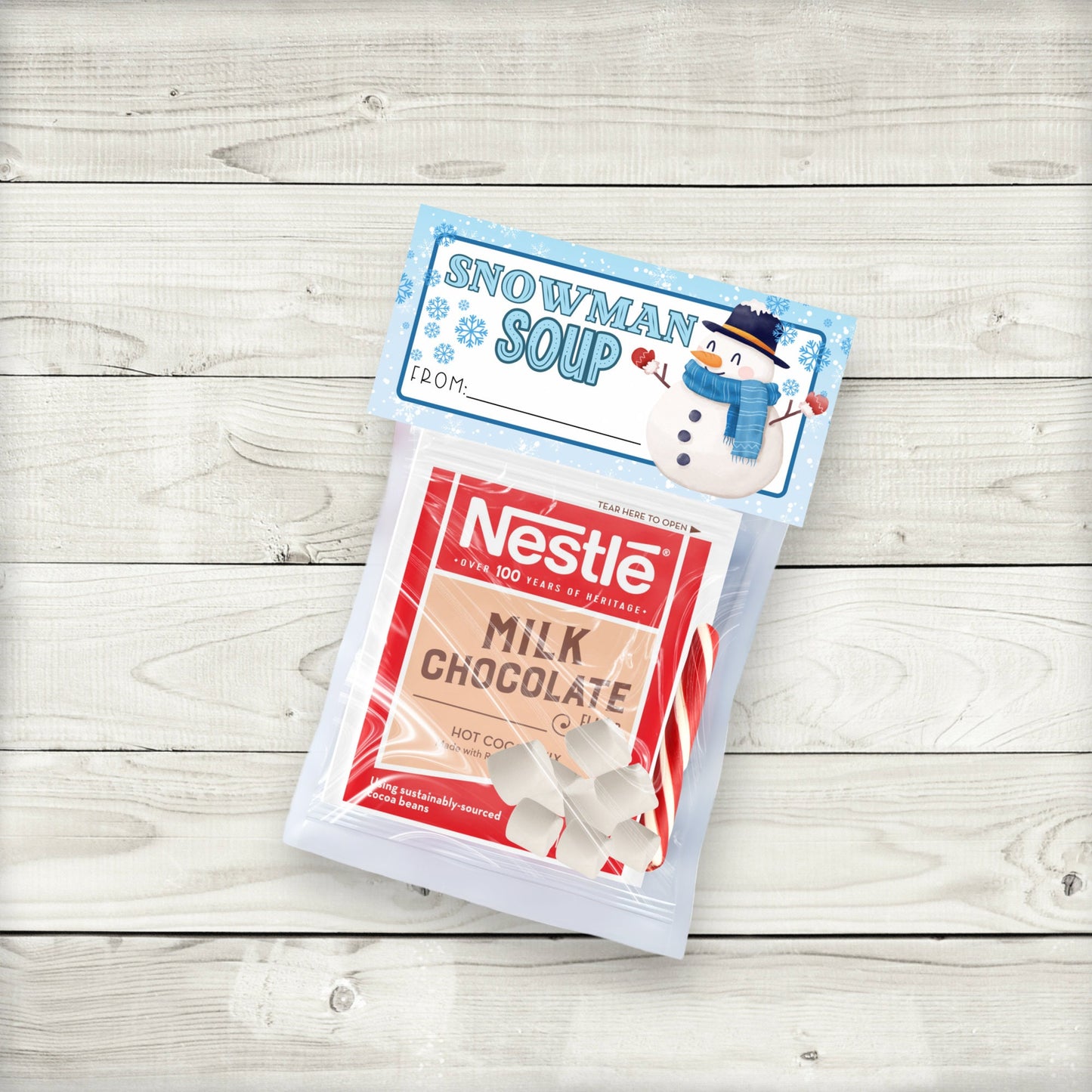 snowman soup bag toppers: hot cocoa party favors (4.15” x 2”)