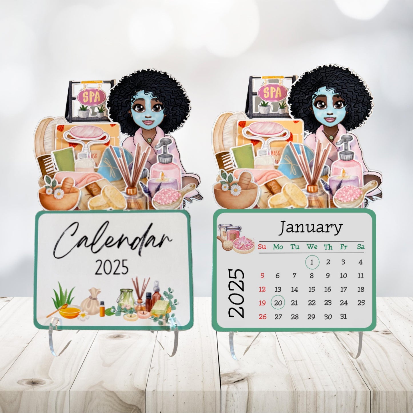2025 mini spa desk calendar: afro spa girl self care