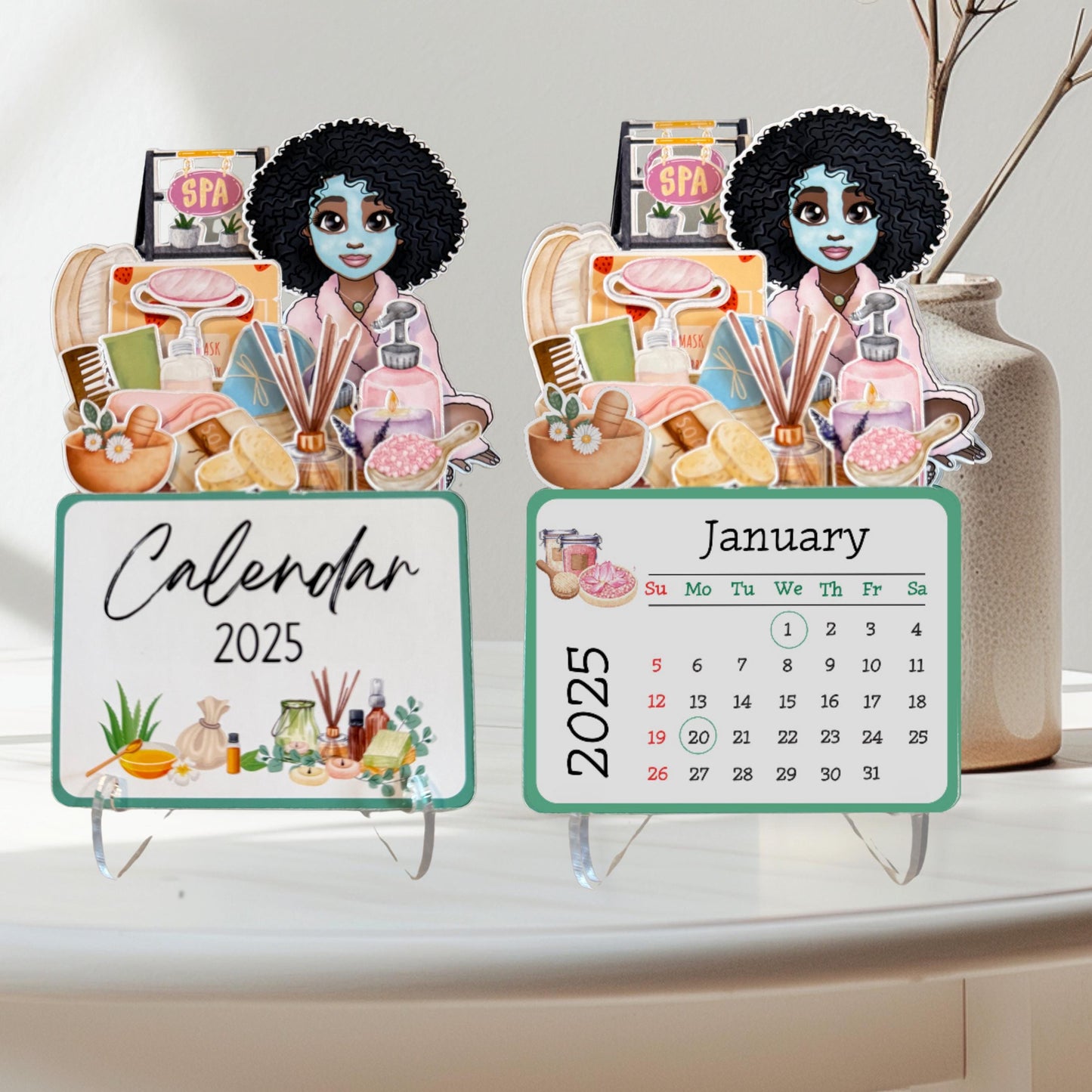 2025 mini spa desk calendar: afro spa girl self care