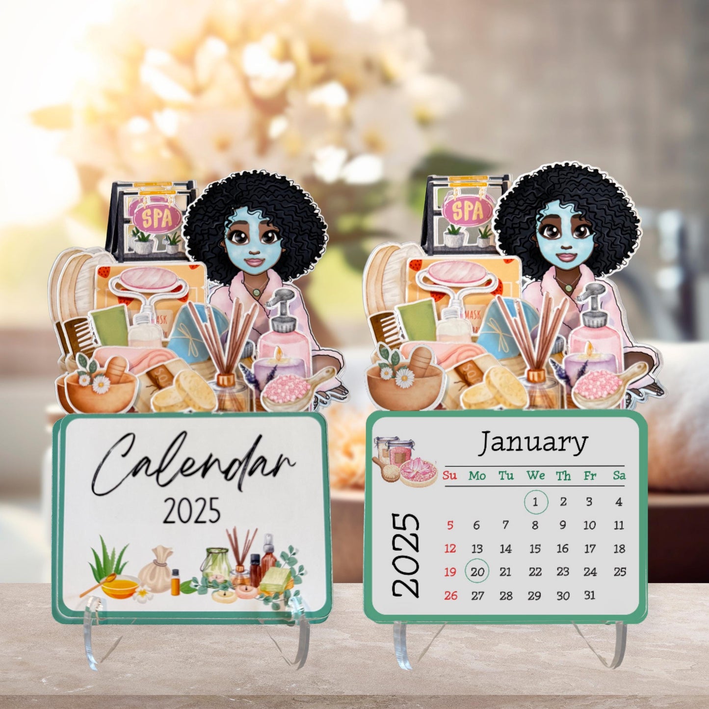 2025 mini spa desk calendar: afro spa girl self care