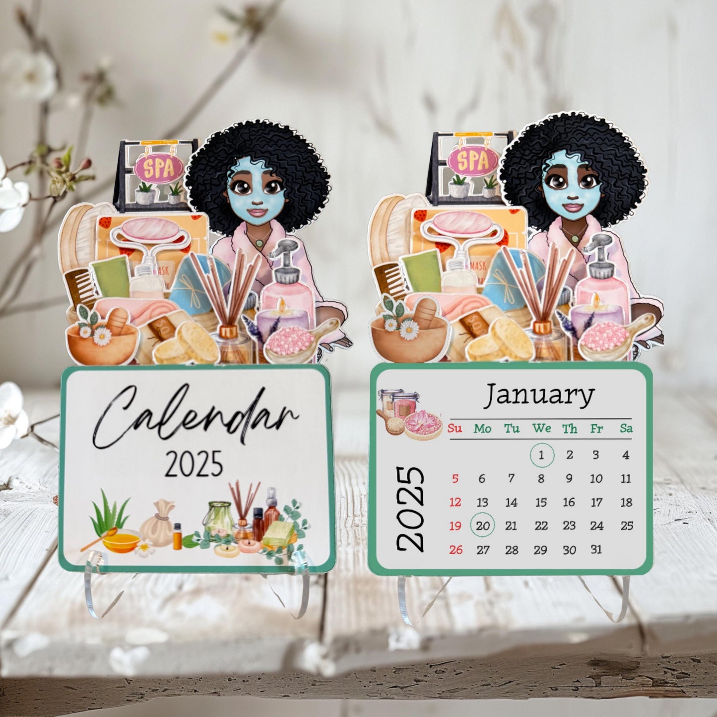 2025 mini spa desk calendar: afro spa girl self care