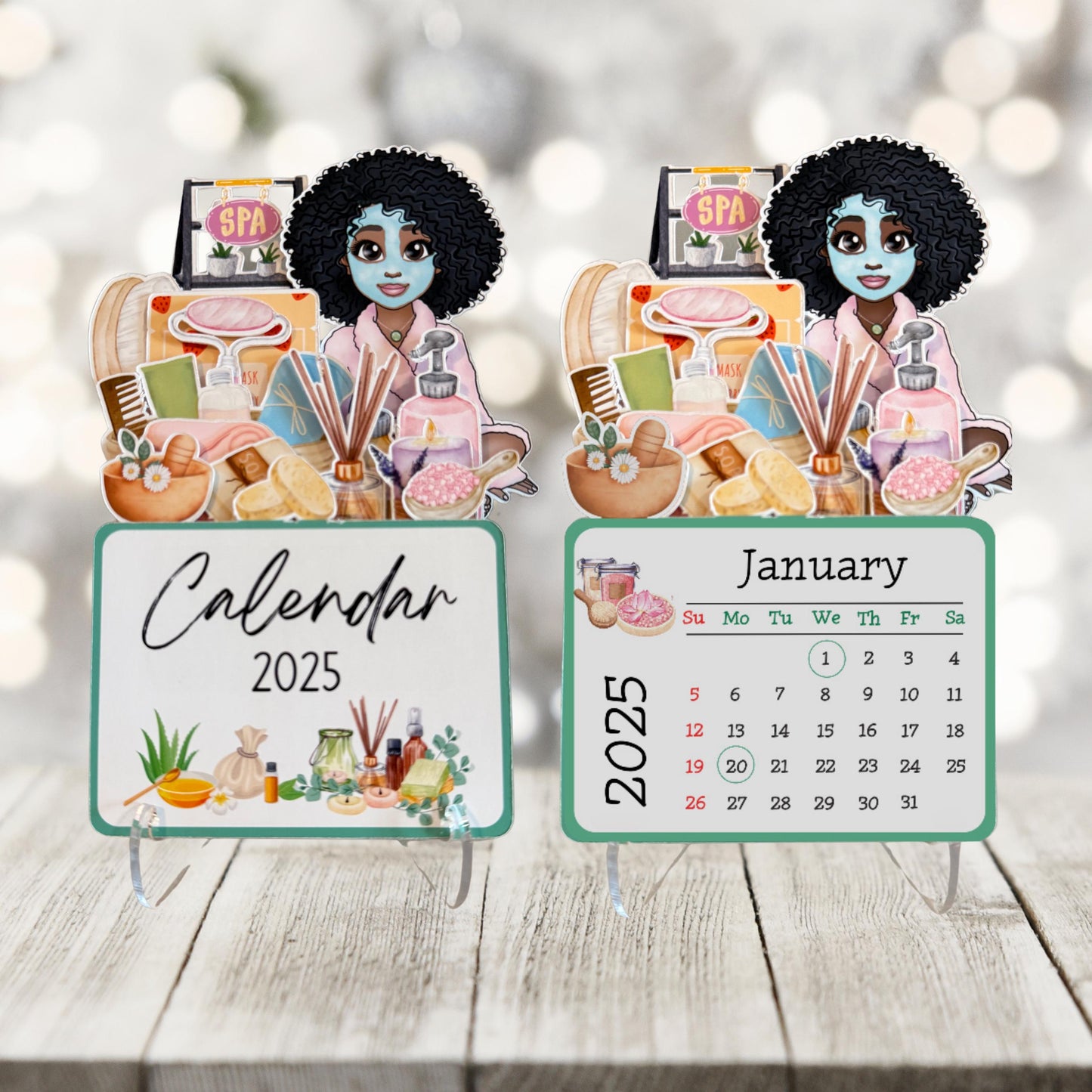2025 mini spa desk calendar: afro spa girl self care