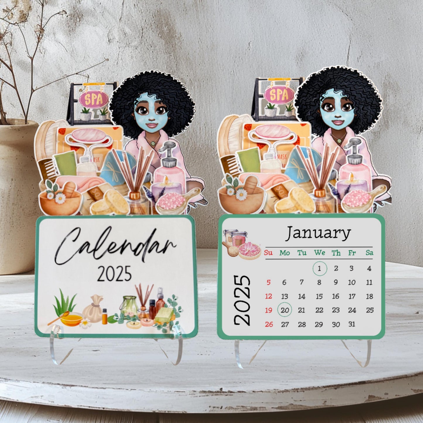 2025 mini spa desk calendar: afro spa girl self care
