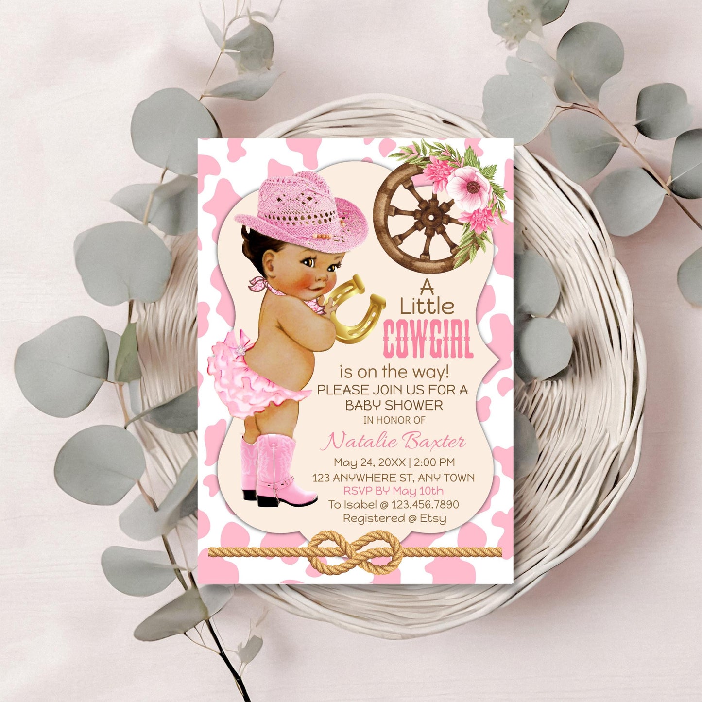 cowgirl baby shower invitation: pink western theme (printable & editable)