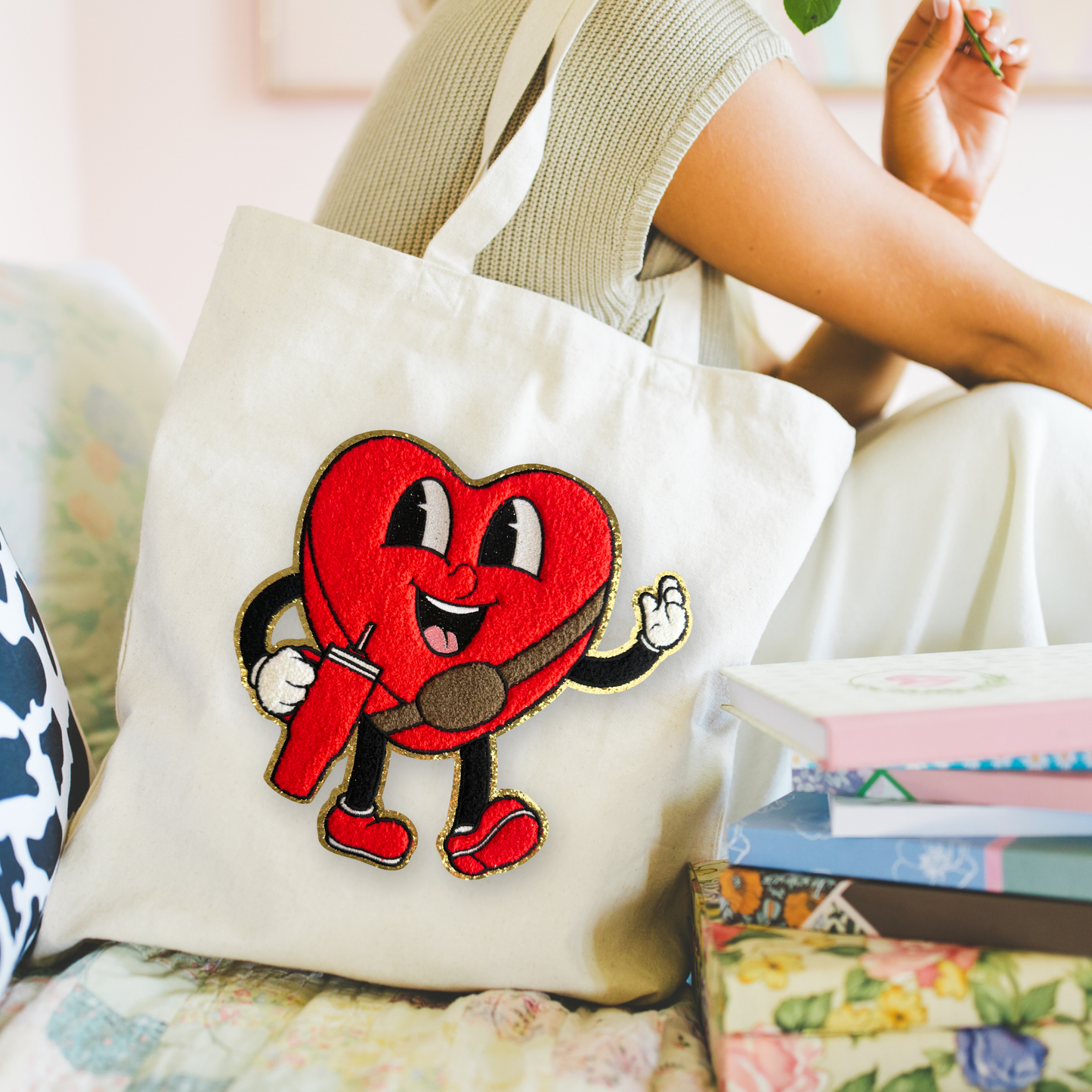 retro walking heart character tote bag