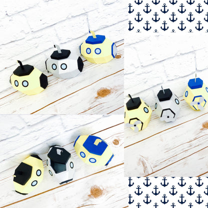 Submarine party boxes. These cute submarine party boxes come in yellow and black, sliver and black or yellow and blue.