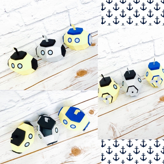 Submarine party boxes. These cute submarine party boxes come in yellow and black, sliver and black or yellow and blue.
