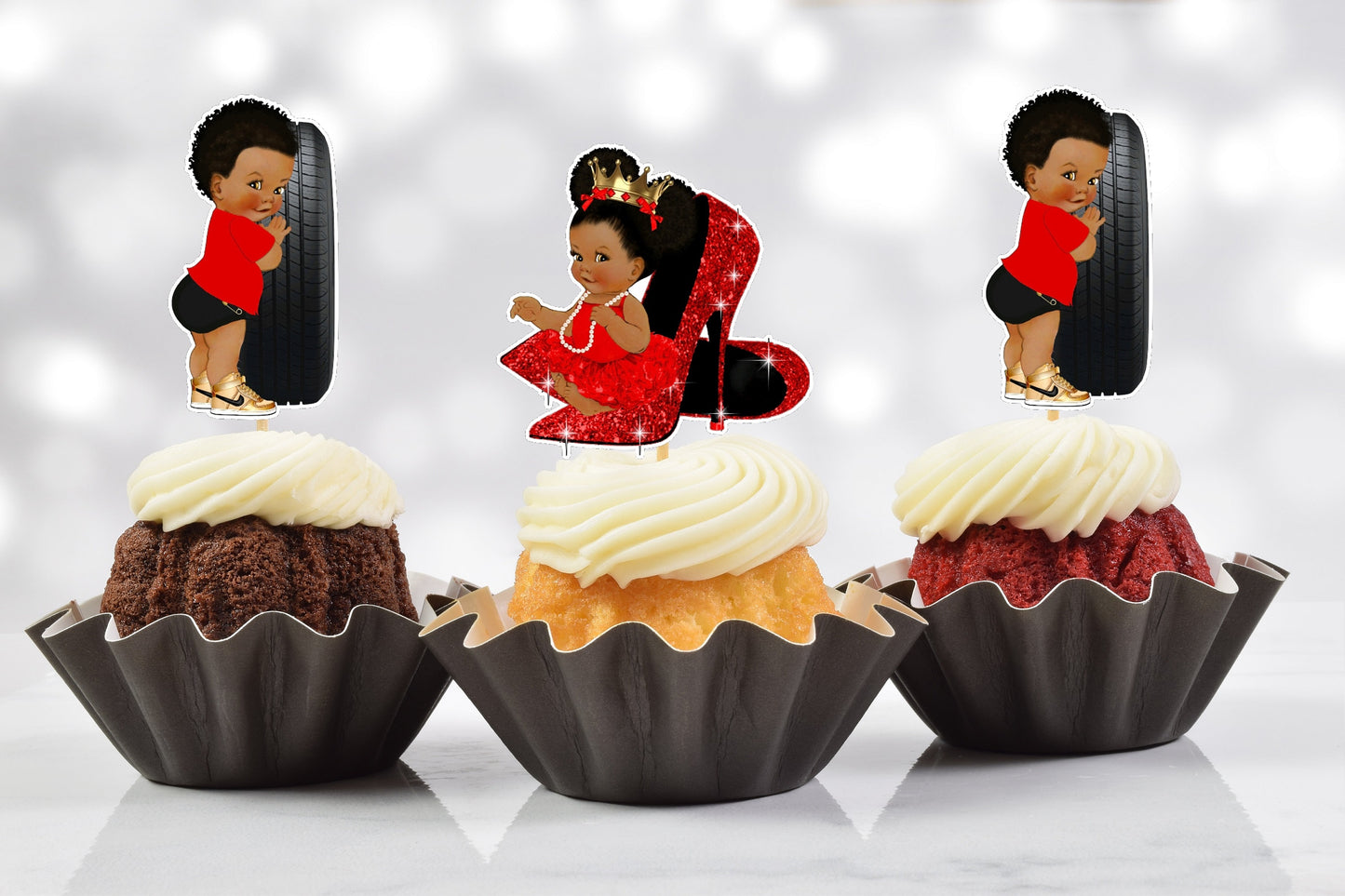 wheels or heels cupcake toppers (set of 12) red & black