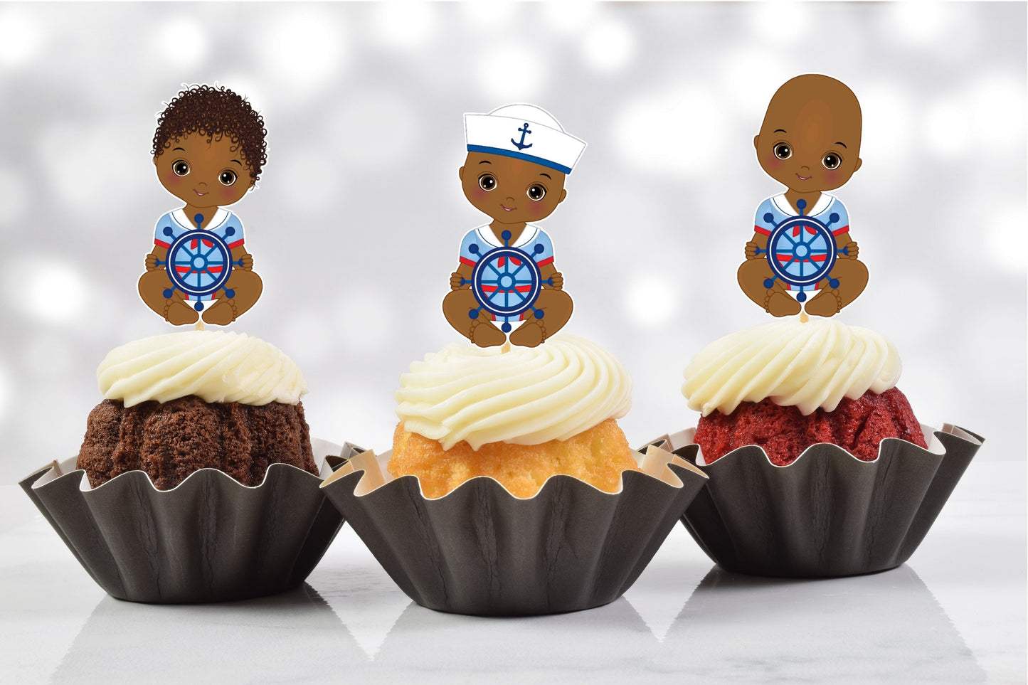 african american ahoy baby boy sailor shower cupcake toppers (set of 12) ah01b