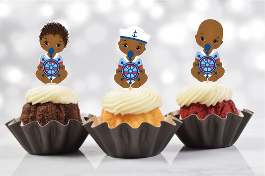 African American Ahoy Baby Boy Sailor Shower Cupcake Toppers (Set of 12) AH01B