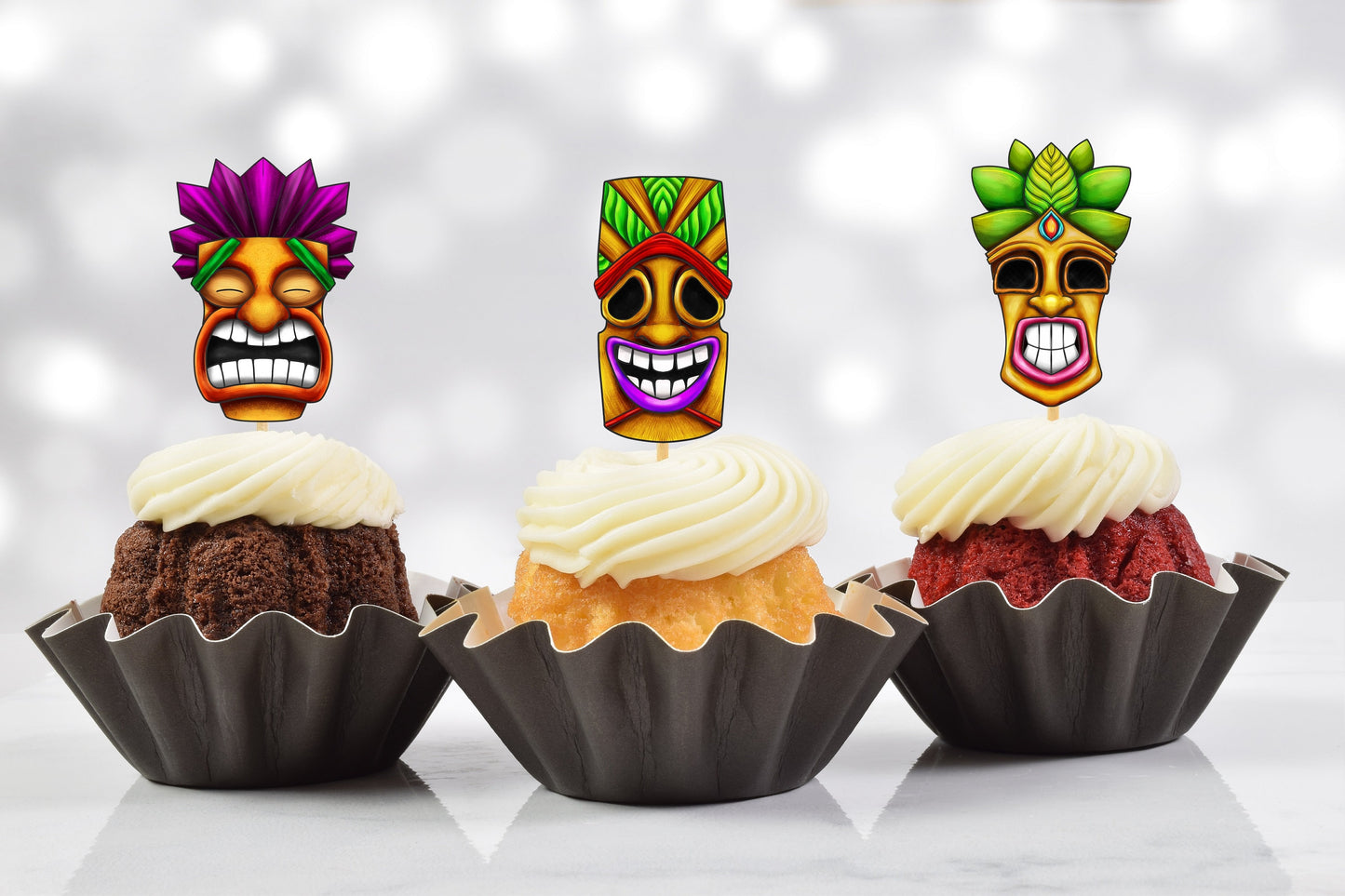 tropical luau hawaiian party tiki totem pole face cupcake toppers (set of 10)