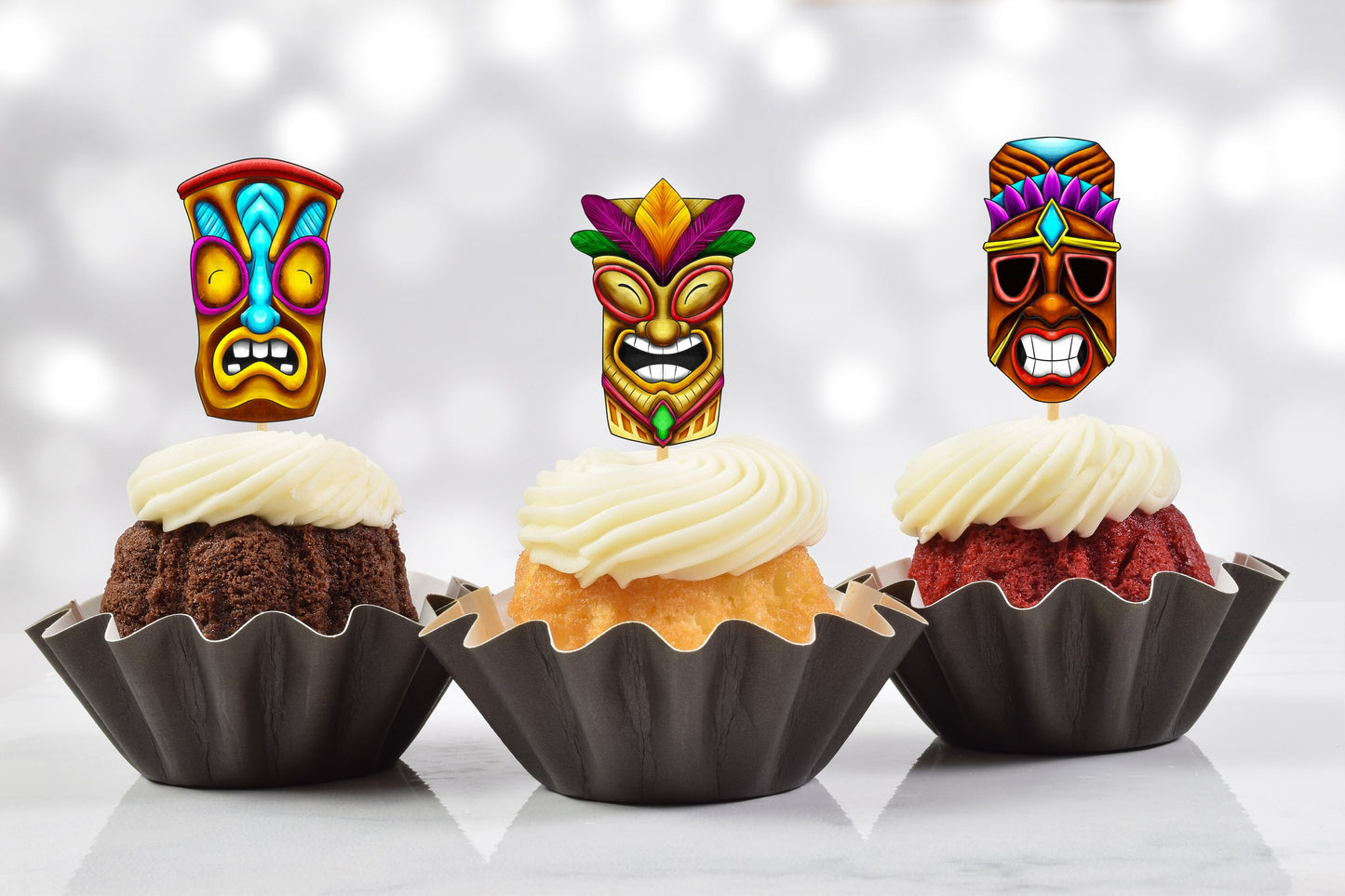 tropical luau hawaiian party tiki totem pole face cupcake toppers (set of 10)