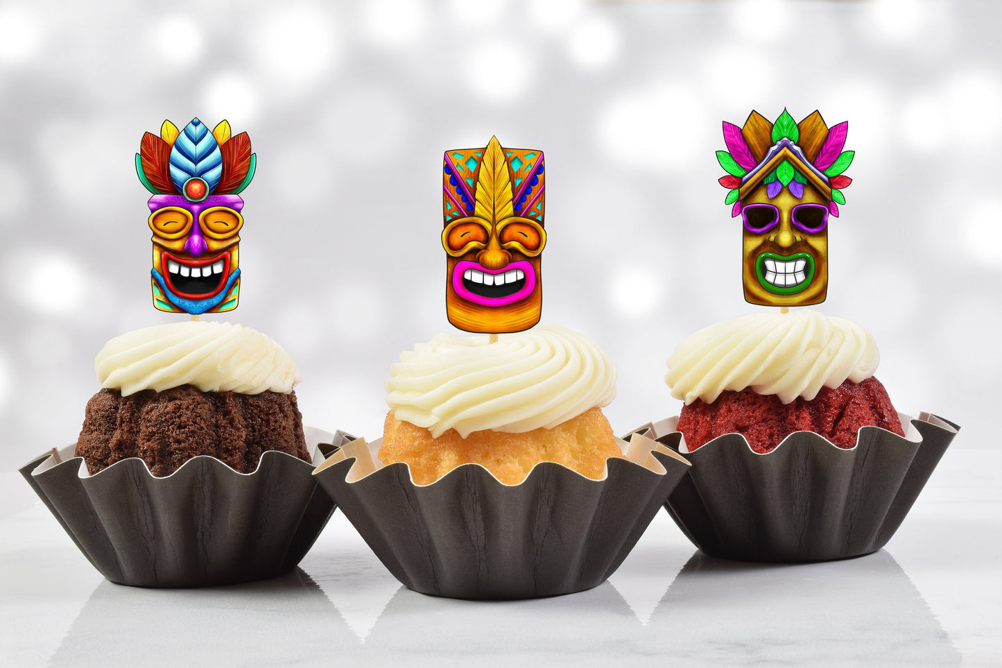 tropical luau hawaiian party tiki totem pole face cupcake toppers (set of 10)