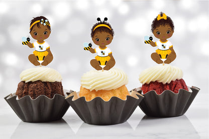 African American Bee Baby Shower Cupcake Toppers (Set of 12) BE01B