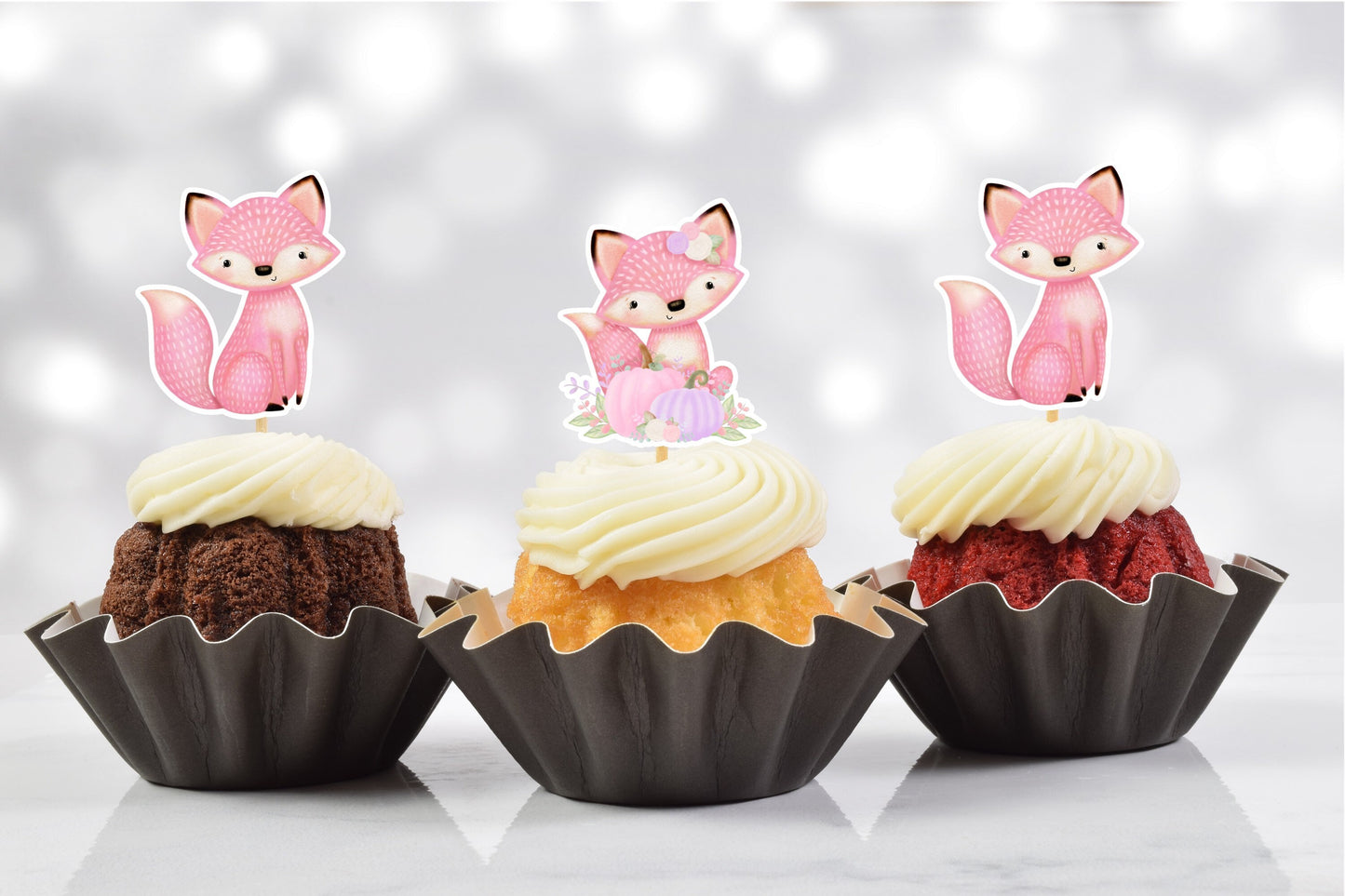 pink fox woodland friends twin gender reveal cupcake toppers (set of 12)