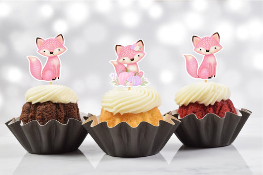 Pink Fox Woodland Friends Twin Gender Reveal Cupcake Toppers (Set of 12)