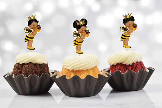 African American Bee Baby Shower Cupcake Toppers (Set of 12) BE02B