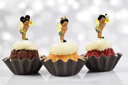 African American Bee Baby Shower Cupcake Toppers (Set of 12) BE03B