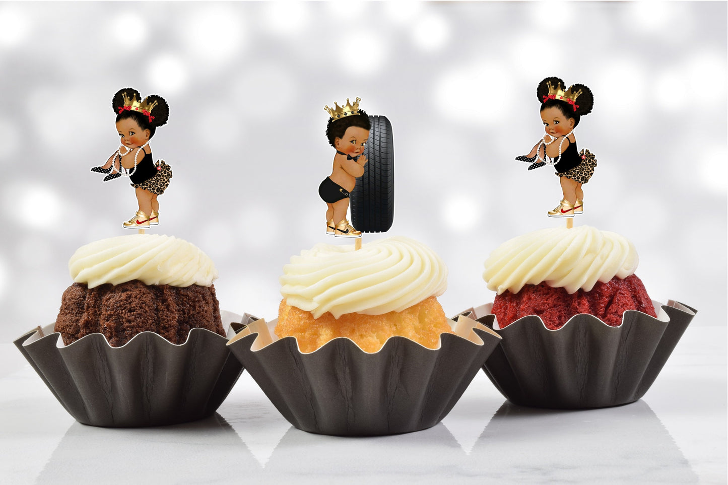 wheels or heels cupcake toppers (set of 12) crowns & leopard