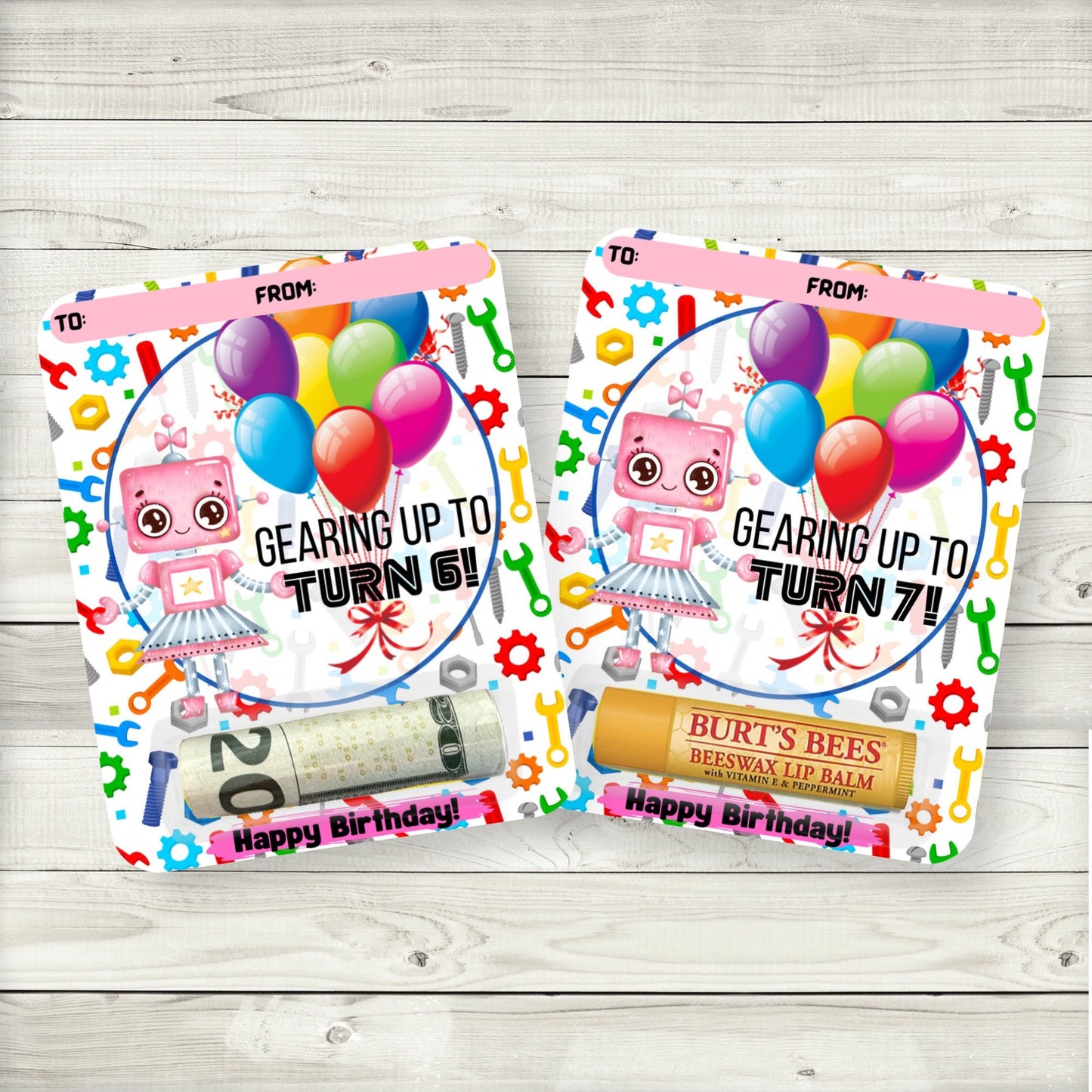 pink robot birthday money card holders|robot party lip balm party favors