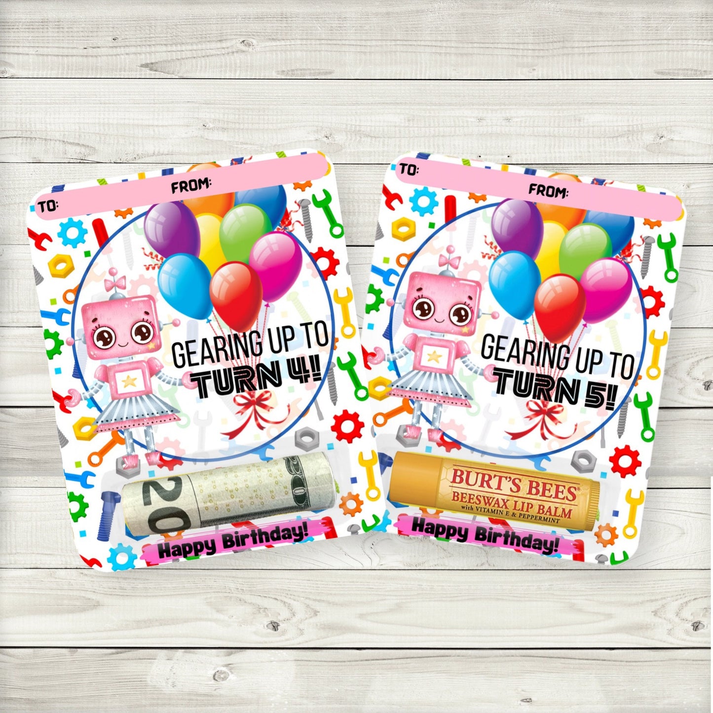 pink robot birthday money card holders|robot party lip balm party favors