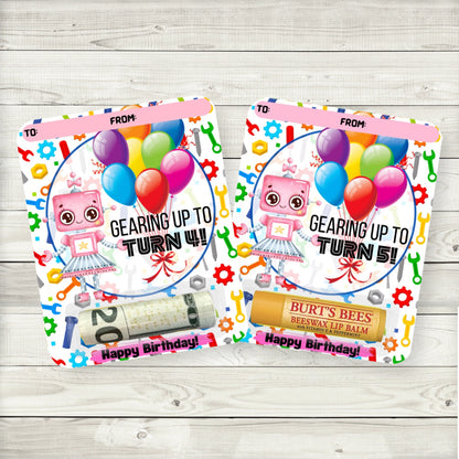 Pink Robot Birthday Money Card Holders|Robot Party Lip Balm Party Favors